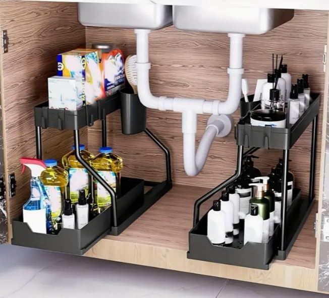 2 Tier Under Sink Organizer with Pull Out Sliding Shelf, Cabinet Organizers and Storage for Bathroom & Kitchen, Black, 2 Packs