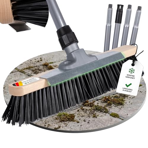 ORGAFLIX Straßenbesen mit Stiel 40cm, Gartenbesen mit Schabekante und Elastonborsten für hartnäckigen Schmutz, Erde, Kies, Kehrbesen für Außenbereiche, aus Deutscher Herstellung, Stiel aus Italien
