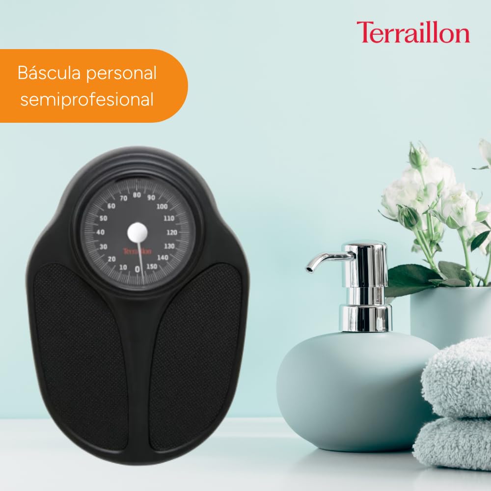 TERRAILLON - Balanza Pesa Personas Mecánica - Semiprofesional, Revestimiento Antideslizante, Gran Dial, 160kg máximo - Modelo 'TPRO Plus' Negro