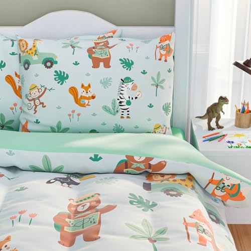 Image of SANDJEST Jungle Animal Comforter Set Full Size 98x86in for Kids Boys, Microfiber 4 Pcs Bedding Set Includes 1 Comforter, 2 Pillowcases, 1 Fitted Sheet, Nursery Room Decor