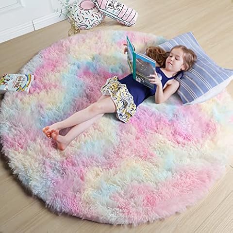 Amdrebio Rainbow Fluffy Rugs for Girls Bedroom 4ft,Unicorn Room Decor,Pastel Round Rug for Kids, Shag Carpet for Nursery, Soft Play Mat for Baby, Fuzzy Area Rug for Living Room,Plush Rug for Playroom Cover