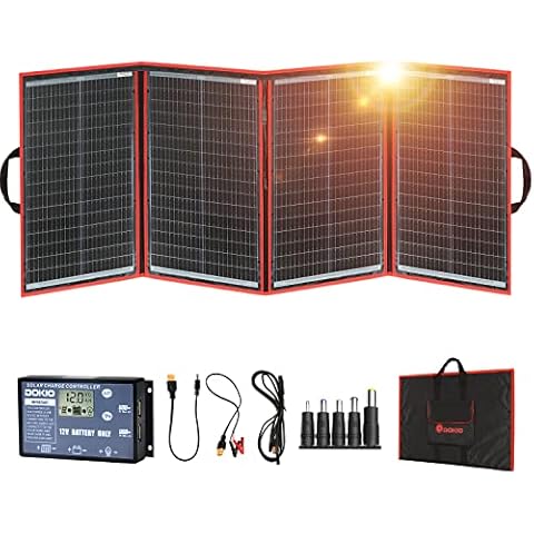 DOKIO 220W 18V Foldable Solar Panel Kit Lightweight(9.7lb, 26x19inch) Monocrystalline(HIGH Efficiency) with Controller USB Output to Charge 12V Batteries (All Types: Vented AGM Gel) RV Camper Boat Cover