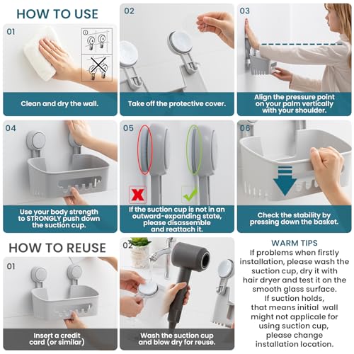 Image of TAILI Shower Caddy Suction Cup 2 Pack, Heavy Duty Bathroom Organizer, Removable Shelves for Inside Shower, Shampoo, Waterproof Suction Plastic Storage for Bathroom Accessories Holder, Gray