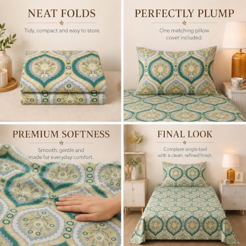 Image of BSB HOME 240 TC Premium Single Bed Bedsheet, Soft Floral Printed Bed Sheet, Elegant Cotton-Look Bedding with Stylish Floral Pattern Bedsheet for Bedroom, 60 x 90 Inches (152 x 229 cm) - Sage Green