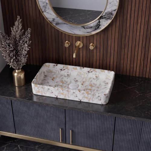 Image of Wash Basin Countertop | Tabletop Ceramic Bathroom Sink | Wash Basin Over Counter (Modern - White Gold 24 x 14 x 5 Inch)
