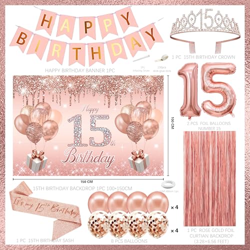 Image of 15th Birthday Decorations for Girls,Banner,Backdrop, it's my 15th Birthday Sash, Sweet Rhinestone Tiara Crown,Balloons