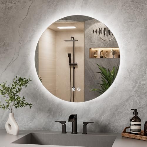 TETOTE Badspiegel mit Beleuchtung 60cm Rund Badezimmerspiegel Badezimmer Wandspiegel Ohne Rahmen Led Badspiegel mit 3 Lichtfarben Dimmbarer Antibeschlag Speicherfunktion IP44