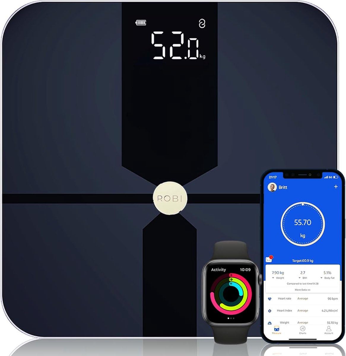 Báscula de baño Robi S6 - Báscula inteligente para análisis corporal, monitor de grasa corporal, IMC, masa muscular, porcentaje de humedad, báscula de baño con peso digital, sincronización de