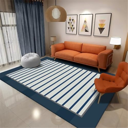 Tapis creme bleu motif rayé moderne pour chambre d'ado 120x170cm