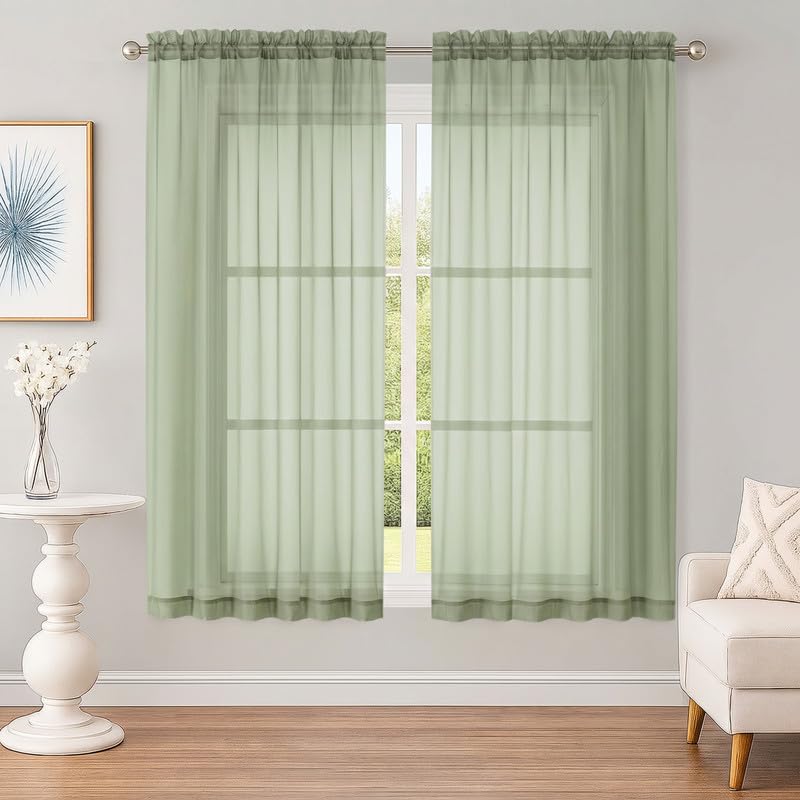 OWENIE Light Green Sheer Curtains 63 Inch 2 Panels for Living Room 59" Wide