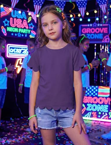 Image of Noomelfish Girls Short Sleeve Scalloped Edge T-Shirts Casual Cute Summer Tee Tops Blouse (5-12 Years)