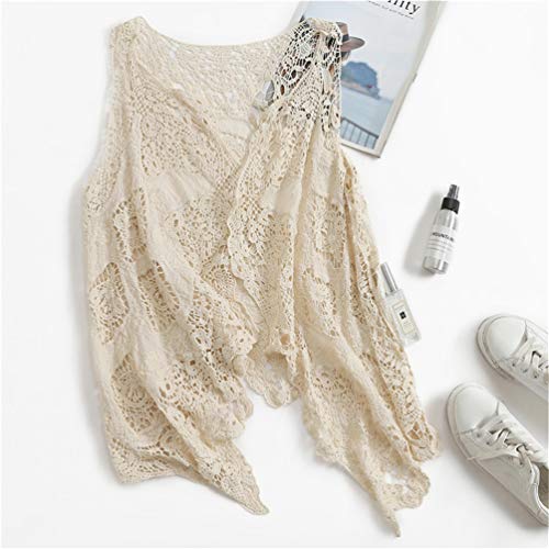 Berax Damen Weste Cardigan Sommer Hippie Gilet Häkeln Hohl Spitze Irregular Boho Ärmellos Cardigan Weste Kurz (Beige)