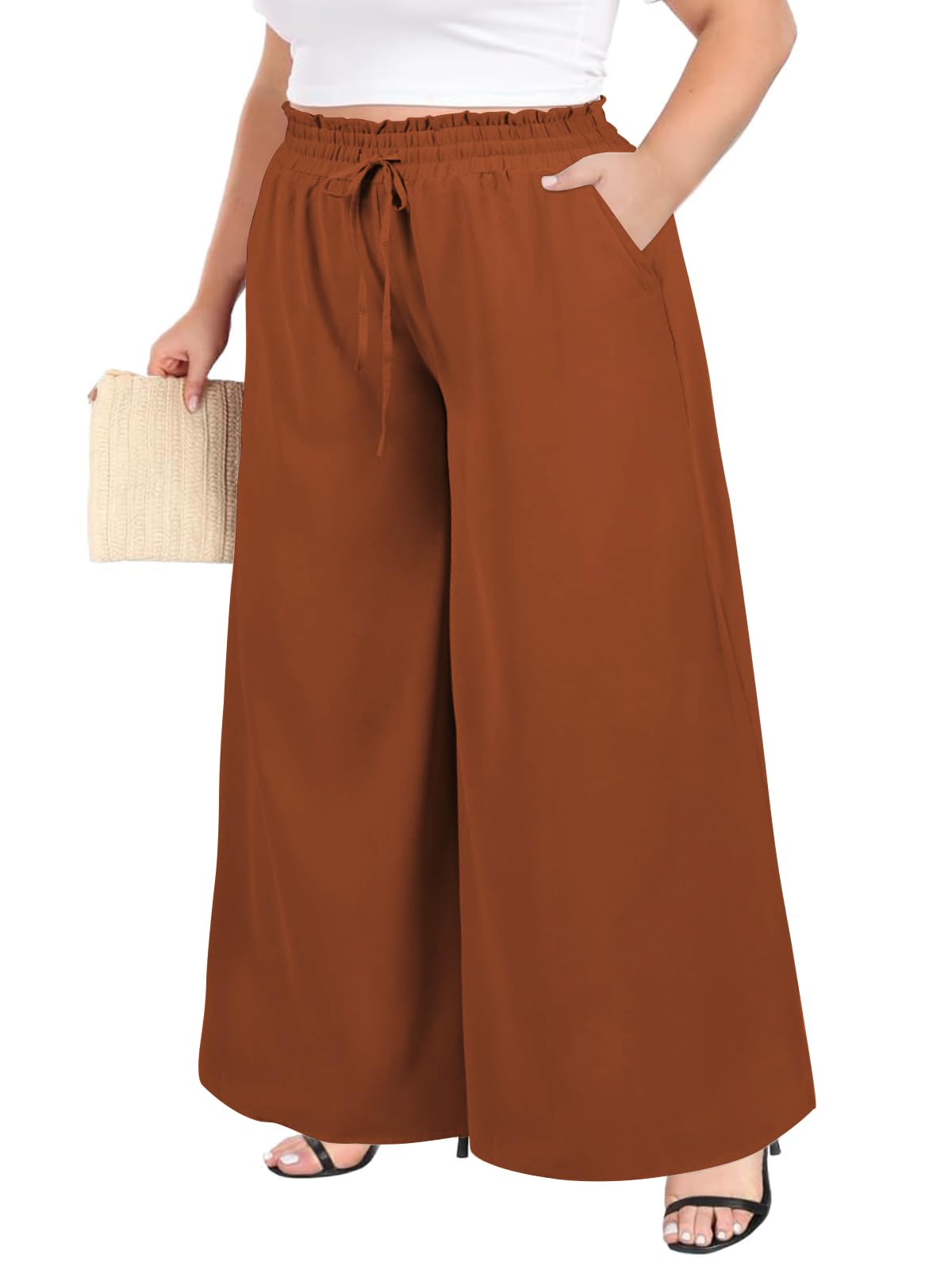 Moon Wood Damen Weite Stoffhose mit Taschen Sommer Lose Palazzo Hosen Hohe Taille Lounge Elegante Hose Große Größen