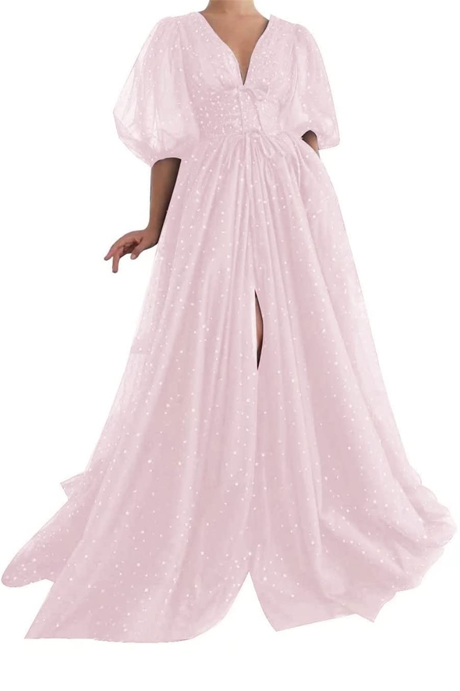 Vestidos de Baile de boda Vestidos de Fiesta de Noche de Manga Larga de soplo de tul Elegante con bolsillos para jóvenes Ligth Pink 14 Plus