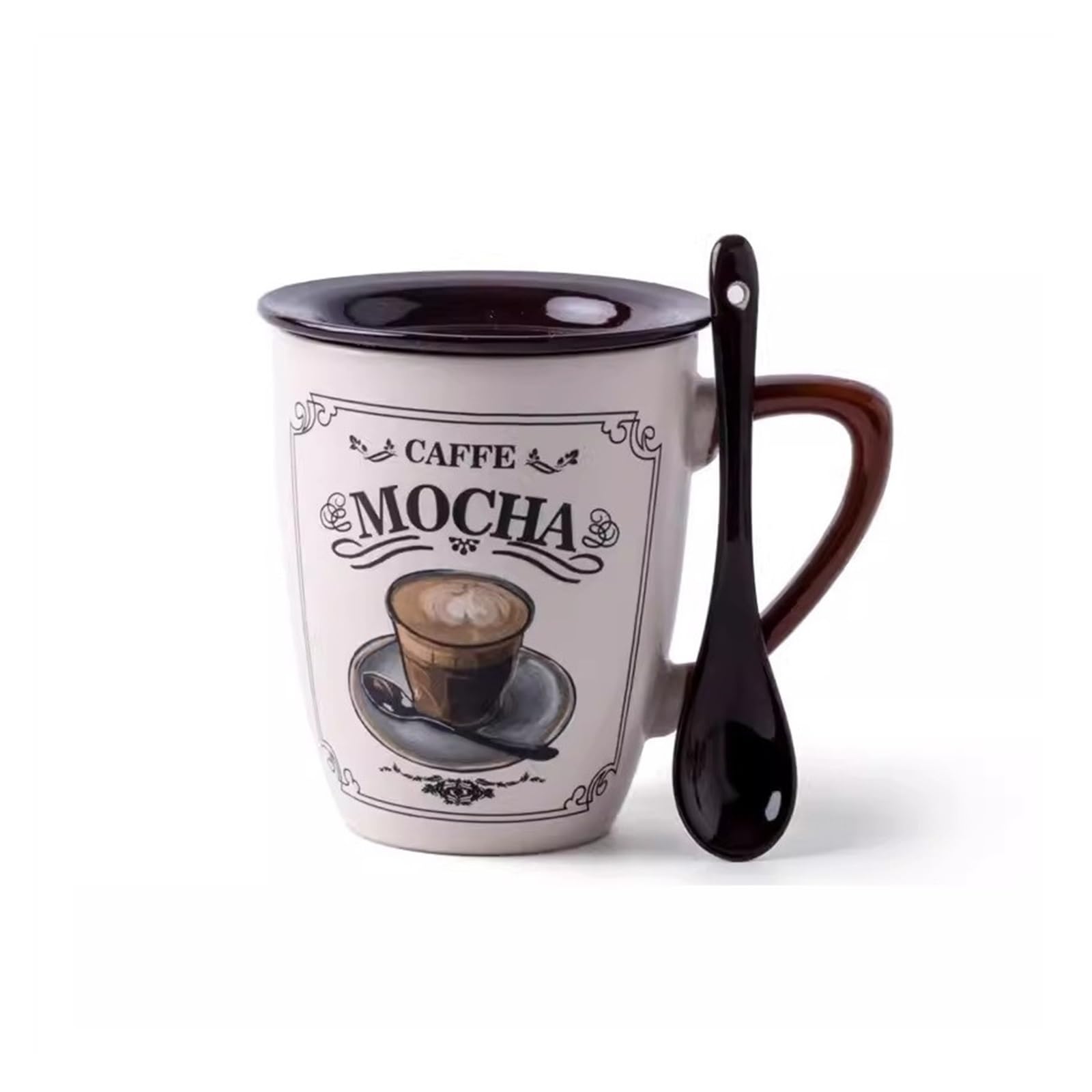 Kubek do kawy mleka i herbaty europejski luksusowy kubek do kawy cappuccino latte vintage ceramiczny kubek z pokrywką łyżka do herbaty, zupy i kawy (B)