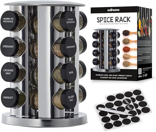 edihome, Rangement Epices Cuisine, Carrousel à épices, 16 Pot a Epices, avec Couvercles et Distributeurs Individuels, Organisateur, Rotatif, 360°, avec Etiquettes de...