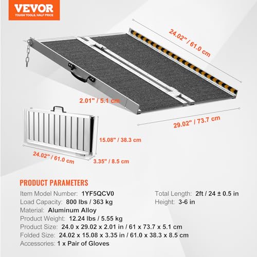 VEVOR Tragbare Rollstuhlrampe, 60,96 cm 363 kg Kapazität, rutschfeste, klappbare Schwellenrampe aus Aluminium, Faltbare Rampe für Mobilitätsroller, Rollstuhlrampe, Heimstufen, Treppen, Bordsteine