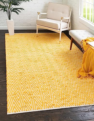 Image of Unique Loom Chindi Chevron Collection Area Rug - Claire (8' x 11' Rectangle, Yellow /Ivory)