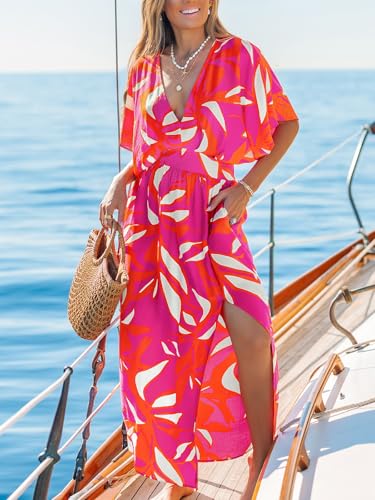 Image of CUPSHE Women's Summer Boho Maxi Dress Paisley Floral V Neck Smocked Dress Beach Vacation Slit Hem Flowy Dress with Pockets