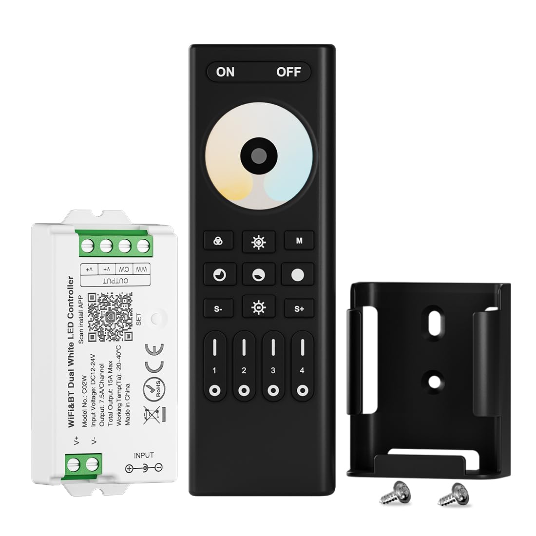 BTF-LIGHTING CCT Dual White RC02RFB RF Remote 4 Zones Group Control, C02W CCT PWM (+ CW WW) 3PIN LED Strip Color Temperature LED Strip 2700K-6500K 2.4GHz WiFi Group Controller Alexa Google Home