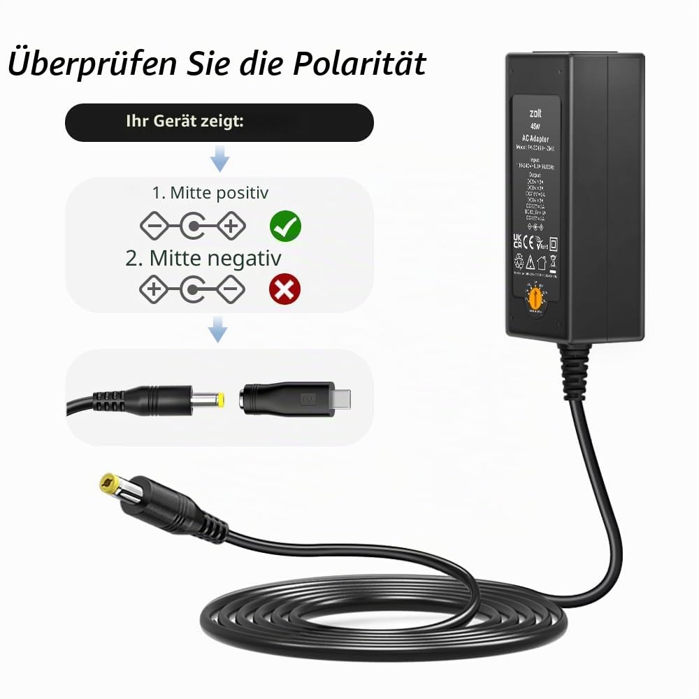 Zolt 45W Universal Netzteil AC zu DC 5V 6V 7.5V 9V 12V 13.5V 15V 3A Schaltnetzteil mit 10 DC-Stecker für Lautsprecher Tablet und mehr Haushaltselektronik, 3000mA Max.