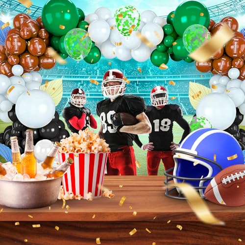 Image of Football Balloons, 60pcs 12 Inch Football Birthday Party Balloons, Dark Green Brown Black Latex Balloons and Geen Confetti Balloons for Touch Down Sports Theme Party Decoration
