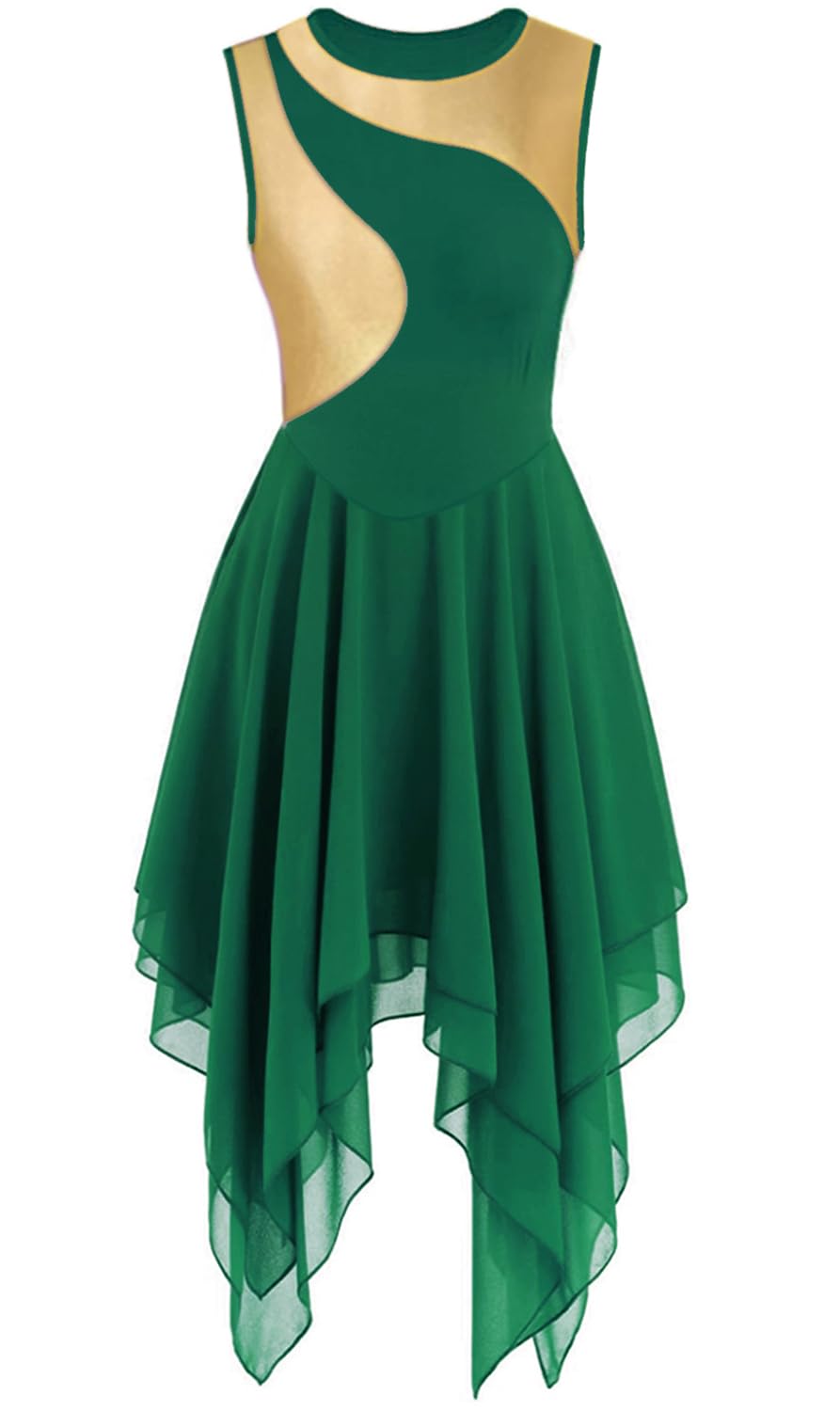 ELLYDOOR Praise Dance Tunic Dress for Women Sleeveless Color Block Irregular Flowy Skirt Liturgical Worship Lyrical Dancewear, 038 Green, M