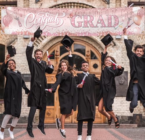 Image of Pink Graduation Party Decorations Class of 2026 Banner Congrats Grad Rose Gold Graduation Yard Sign Banner for Class of 2026 Graduation Party Supplies