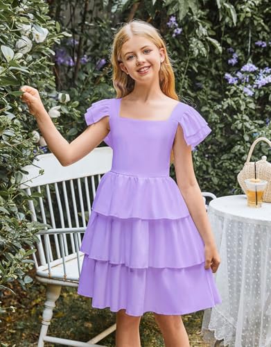 21KIDS Girls Summer Flutter Sleeve Smocked Dress Elegant Tiered Casual Dresses for Girls 12 Years4