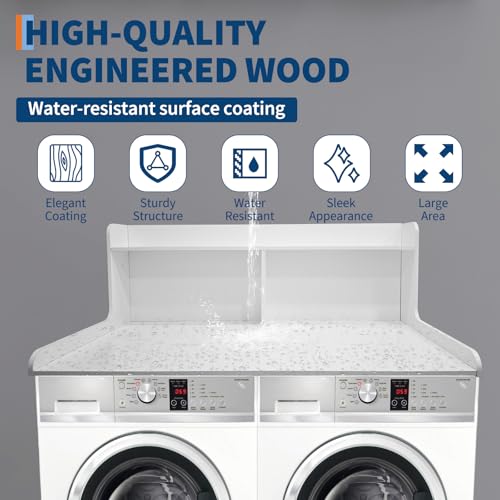 GarveeHome 2-Tier Washer Dryer Countertop, Wood Laundry Countertop with 2.75" H Edge Rails, Waterproof Washer Dryer Cover with Anti-Slip Pads for Laundry Room Organization and Storage