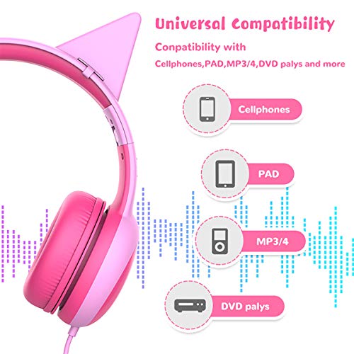 Image of Kids Headphones with Limited Volume, Cat Ear Toddler Headphones, Wired Headphone Over Ear for Boys and Girls,Stereo Sound Foldable 3.5mm Headset for Children