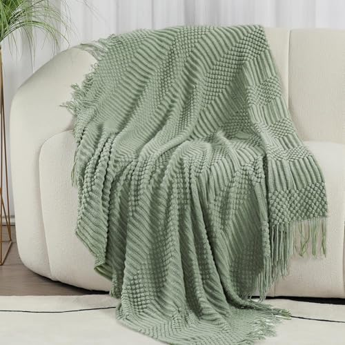 Blagic Gestrickte Überwurfdecke für Couch, Bett und Sofa. Superweiche Decke mit Quasten, salbeigrüne Überwurfdecke, 127 x 152 cm… – Ansicht 4