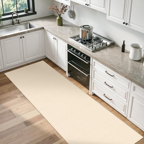 Image of Waffle 2x8ft Runner Rug for Hallway: Extra Long Absorbent Bath Mat, Beige | Washable Non Slip Kitchen Rug, Bathroom Laundry Bedside, Soft Quick Dry Throw Carpet, Modern Farmhouse Home Decor