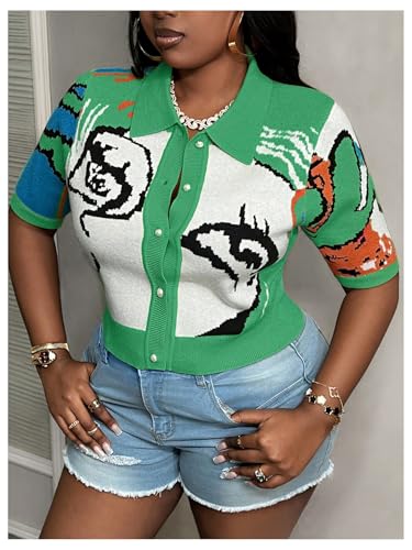 Image of WDIRARA Women's Plus Size Graphic Print Cardigan Button Down Sweaters Short Sleeve Cardigans