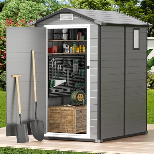 GVDV 4×6FT Outdoor Resin Plastic Storage Shed with Reinforced Floor, All-Weather Plastic Shed with Lockable Door, Window, Waterproof Tool Storage for Garden, Backyard, Patio, Tool Storage