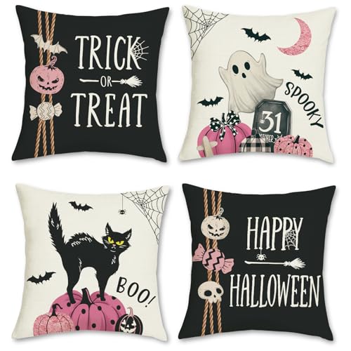 Bonhause Fundas Cojines Halloween 45 x 45 cm Funda de Almohada Calabaza Fantasma Gato Negro Poliéster Lino Cojines Decorativos para Sofá Cama Hogar Exterior Juego de 4