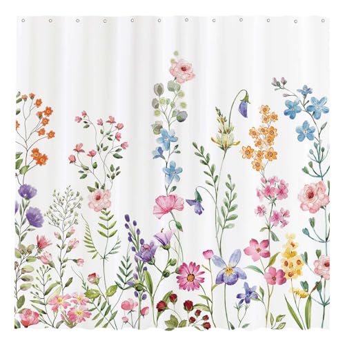 Funnytree Floral Plant Watercolor Flower Shower Curtain Set with ...