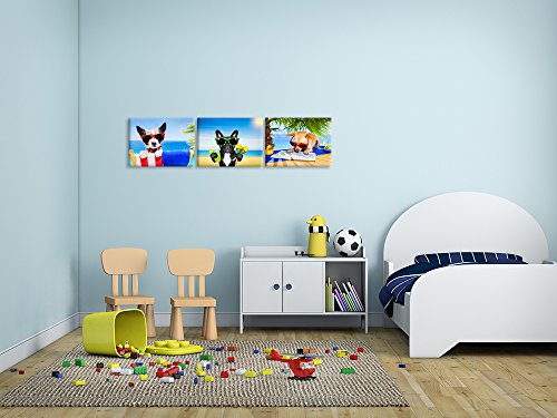 Ihappywall 3 Pieces Dog Animals Canvas Wall Art Chihuahua Reading Book Funny Puppy Relaxing On Summer Beach Painting For Bedroom Home Decor 12''X16''X3Pcs #TOP3