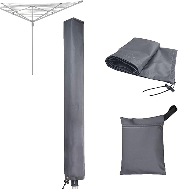RICHIE Rotary Airer Cover Rotary Clothes Line Cover Washing Lines Cover Waterproof with Zip 16x16x180cm Rotary Airer Cover Rotary Dryer Cover Dryer Protective Cover Windproof, Grey