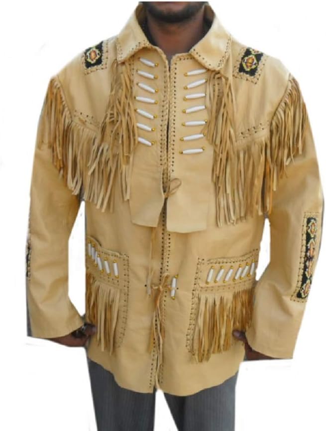 LEATHERAY Men's Fashion Western Genuine Cowboy Jacket Native American Wears Fringed & Beaded Jacket Cow Leather Beige