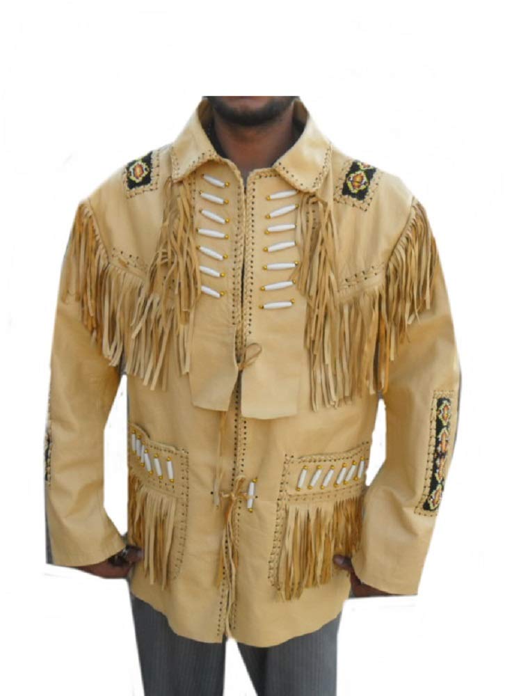 LEATHERAY Men's Fashion Western Genuine Cowboy Jacket Native American Wears Fringed & Beaded Jacket Cow Leather Beige