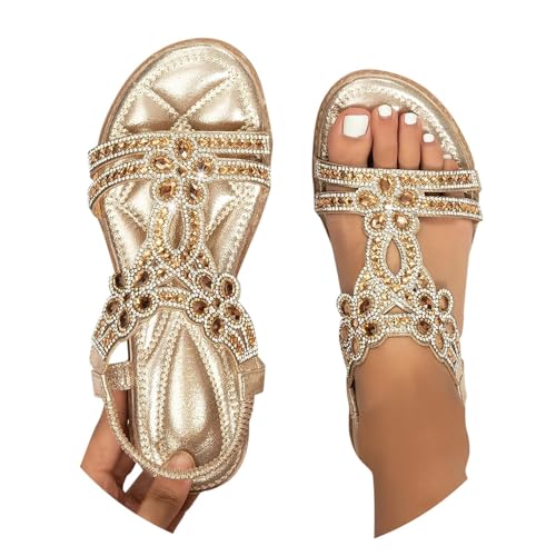 Sandalen Damen Sommer Elegant Flache Strass...