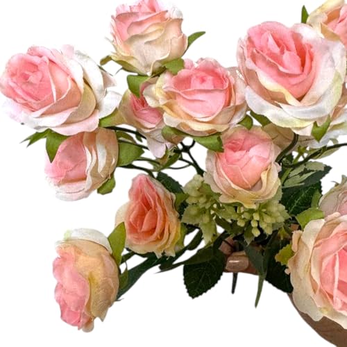 Image of Garden Art Artificial Small Rose Flower Bunch (Pack of 1) | 5 Heads with 15 Flowers & Buds, 35 cm Faux Rose Bouquet for Home Decor, Wedding & Table Decoration (White Shaded)