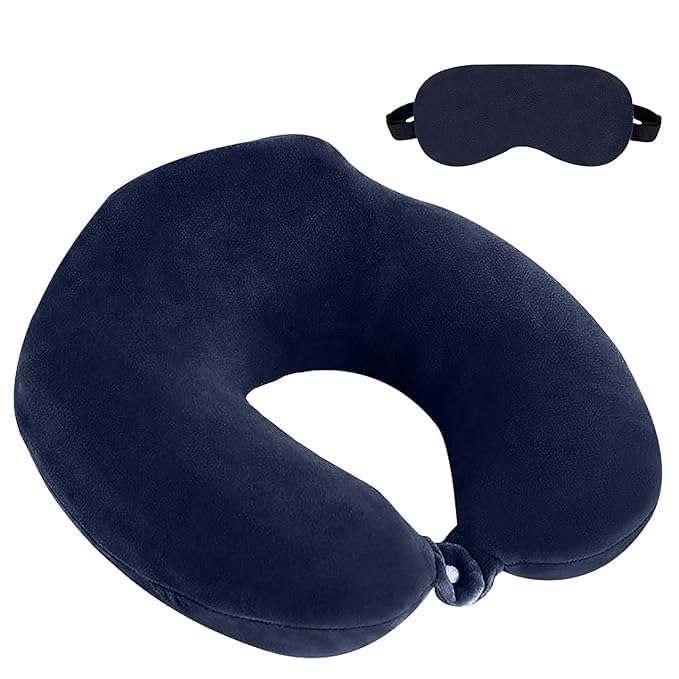 navy blue raised memory foam travel neck support rest pillow - soft washable cover, versatile comfort for airplane with included eye mask