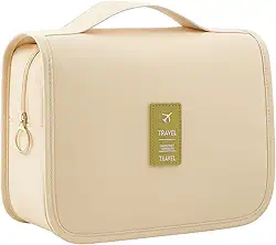 Bolsa Necessaire Maquiagem Cosméticos Feminina Viagem Com Divisória e Cabide para Pendurar Organizador de Maquiagem Muito Espaço para Maquiagem Shampoo Perfumes Higiene Pessoal (Bege)