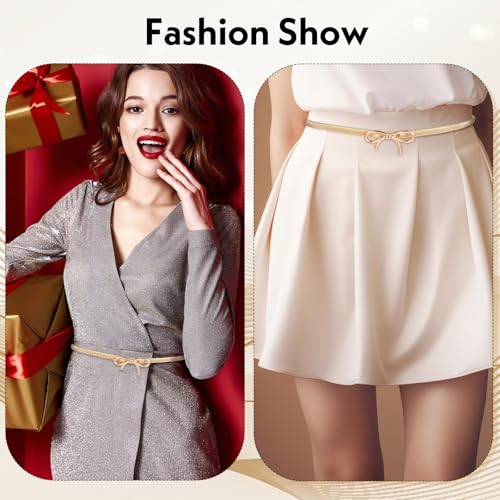 Skinny Gold Bow Belt, Stretchy Metal Chain Belt Adjustable Waist Belts for Women Girls Dresses Jeans Formal Casual Attire2