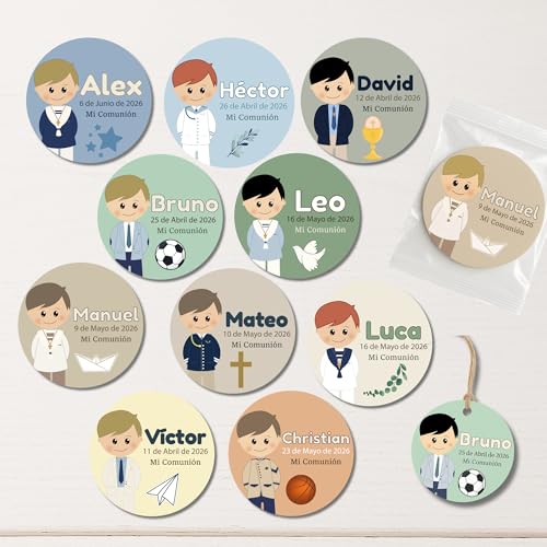 Etiquetas Primera Comunión Niño – Pack 24 | 10 Modelos + 10 Ilustraciones Personalizables | Adhesiva o Cartulina (con o sin cuerda) | Packs con Ahorro