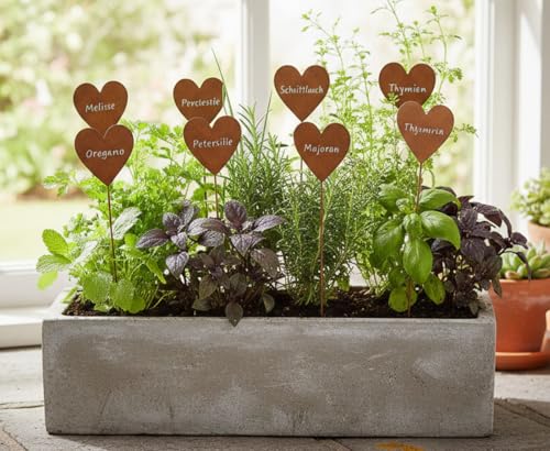 LB H&F 8 Stück Topfstecker Kräuterstecker Roststecker Set - 28 cm groß - Pflanzstecker Kräuterschilder Kräuter Rosmarin Basilikum Schnittlauch etc (Rost - Herz)