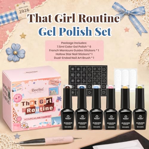 Image of Beetles Gel Polish Set - That Girl Routine 6 Colors for Back to School Nail | Fall Nail Art with 2-In-1 Nail Art Pen, Star & French Nail Stickers, Soak-Off UV LED, Long-Lasting for Salon, DIY Manicures