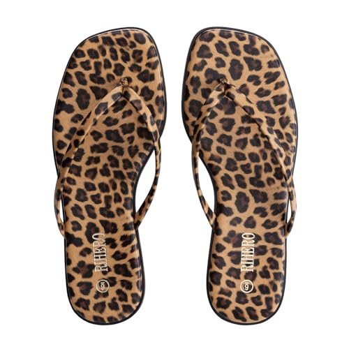 Image of Rihero Flip Flops for Women Comfortable Square Toe Beach Sandals Slip On Leather Thong Flat Sandals Dressy